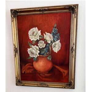Vintage Signed Acrylic Painting Floral Still Life White Roses Terracotta Vase